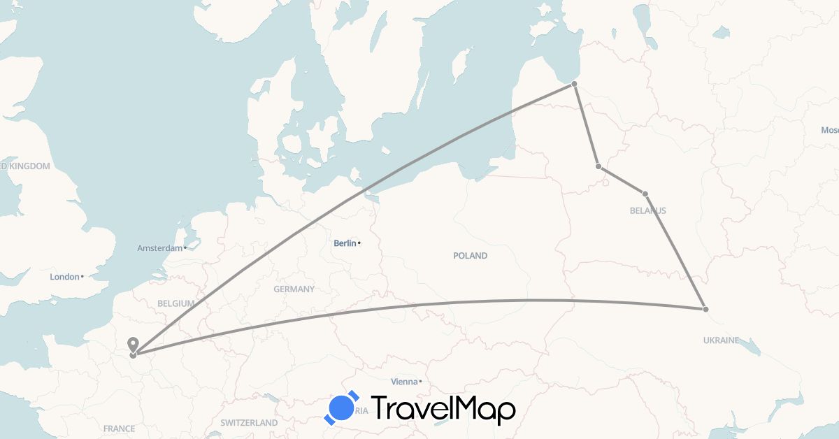 TravelMap itinerary: driving, plane in Belarus, France, Lithuania, Latvia, Ukraine (Europe)